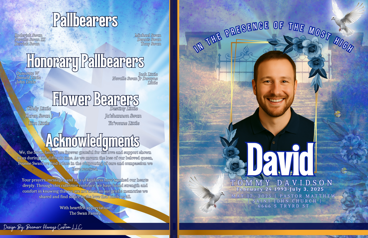 Booklet Obituary Design #2-1 Page Front and Back (11x17)