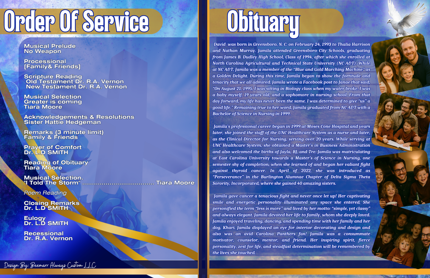 Booklet Obituary Design #2-1 Page Front and Back (11x17)